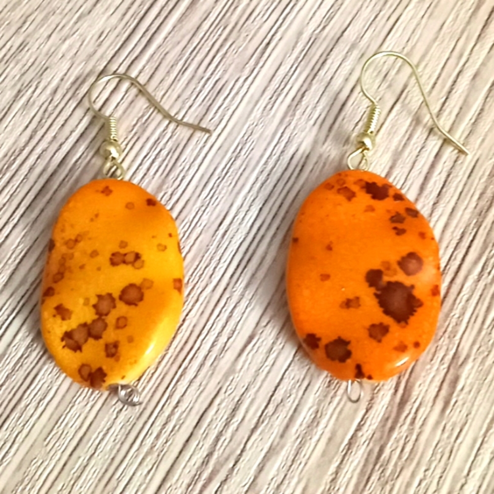 Hand crafted earrings orange and brown speckled essential drop